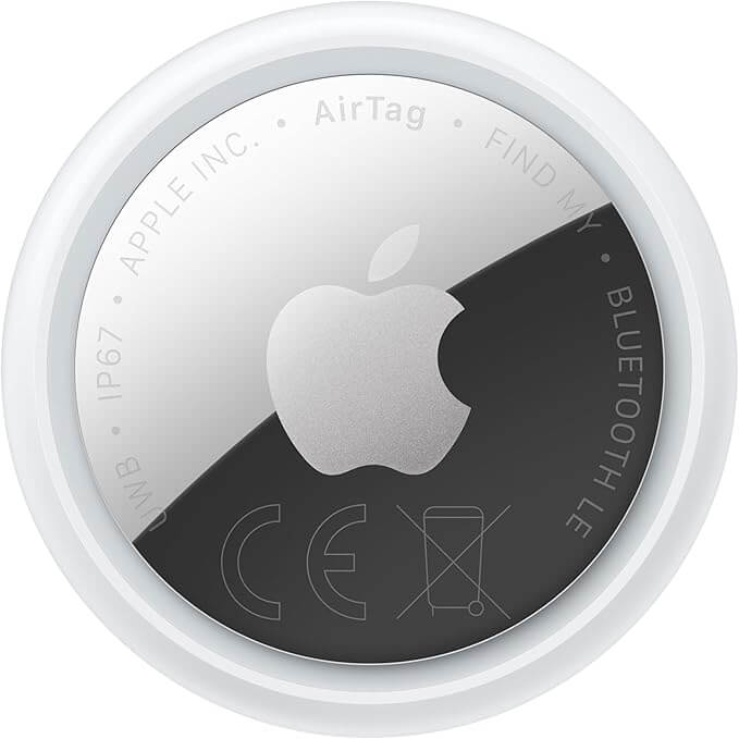 Apple AirTag 2 item tracker in white with polished stainless steel back, shown on a keychain ring