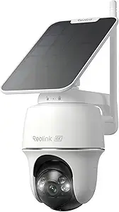 REOLINK Argus PT Ultra wireless 4K security camera mounted outdoors with solar panel attached, showing pan-tilt design