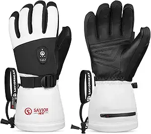 SAVIOR HEAT Heated Ski Gloves 2.0 worn by a snowboarder alongside a smartphone showing the Bluetooth app with real-time temperature and battery control interface
