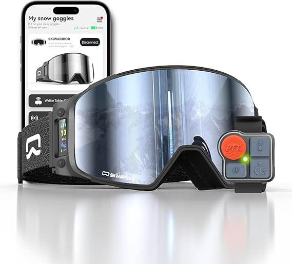SKIWARRIOR G03 smart ski goggles with AMOLED status display and G03K multi-button wireless remote control, shown against a frosty alpine mountain backdrop
