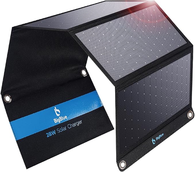 Folded BigBlue 28W portable solar panel charger with USB-C and USB-A ports, shown unfolded in direct sunlight