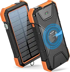 BLAVOR 20000mAh solar power bank with built-in flashlight, compass carabiner, and solar panel on the back