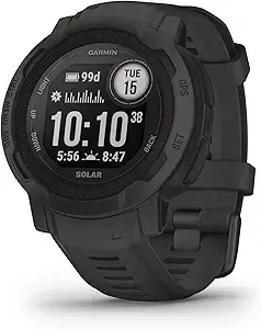 Garmin Instinct 2 Solar rugged GPS smartwatch in graphite, showing the sunlight-visible display and fiber-reinforced polymer case